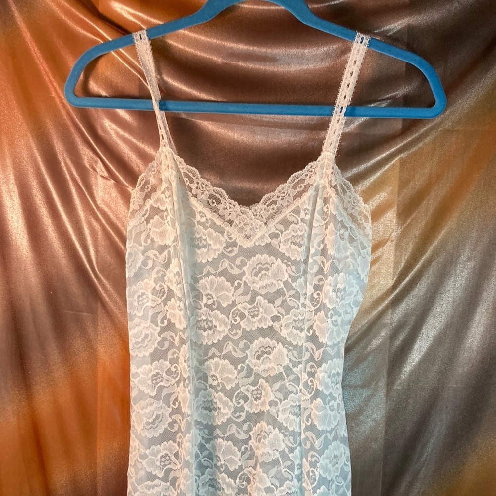 Vintage 1950’s full slip chemise pale blue and white lace. 32” chest 209